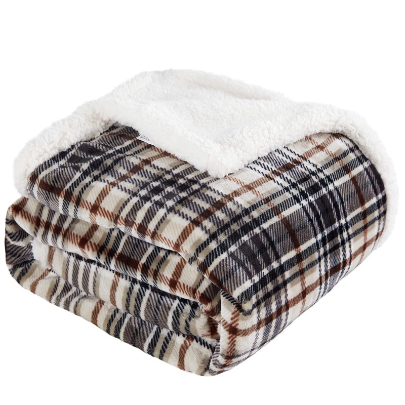 Touchat Sherpa Plaid Throw Blanket, 60" X 70"Fuzzy Fluffy Cozy Soft Blanket, Fleece Flannel Plush Twin Size Microfiber Blanket for Couch Bed Sofa (Brown) - Image 1